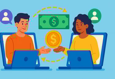 Graphic of people connecting and exchanging money online