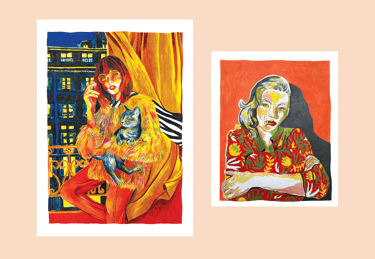 two paintings of a woman with a cat