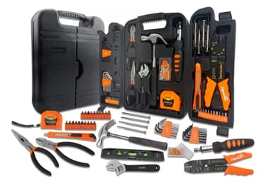Comprehensive home tool kit with hammer, pliers, screwdrivers, and wrenches in a black plastic case.