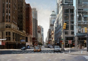 Octava Avenida. Nueva York. Perspectiva urbana pintada por Miguel Vivo sobre tabla.