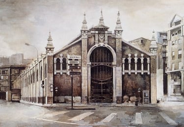 Fachada del Mercado de Verónicas, dibujado por Miguel Vivo en una tabla con técnica mixta