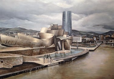 Museo Guggenheim de Bilbao, pintado por Miguel Vivo con técnica mixta sobre tabla