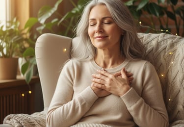 Mujer madura con sonrisa serena y gesto de alivio, símbolo de confianza y seguridad.