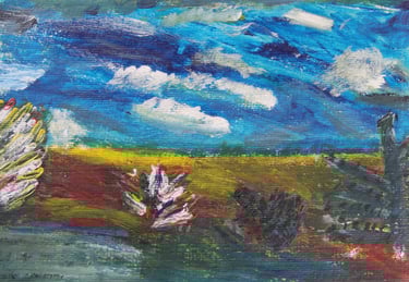 a painting of a barren landscape with shrubs