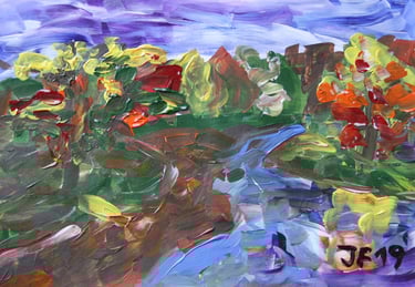 a landscape painting of a river in Autumn