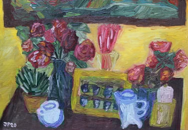 a still life painting of plants, flowers, cups and a picture