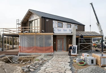 Uma casa inteligente moderna em construção, com revestimento escuro, caminho de pedra e um guindaste