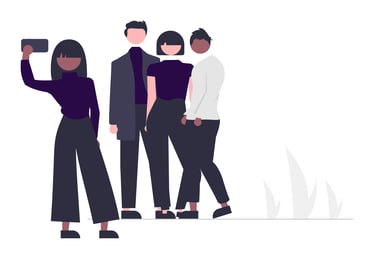 Woman holding cell phone to take a selfie of herself and a group of people or her founders group.