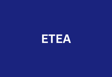a blue and white logo with the word etea