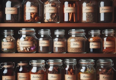 various glass jars on wooden shelves, filled with various botanicals
