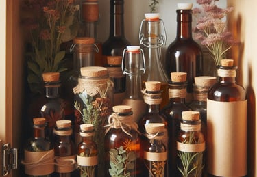 brown glass bottles with herbs inside