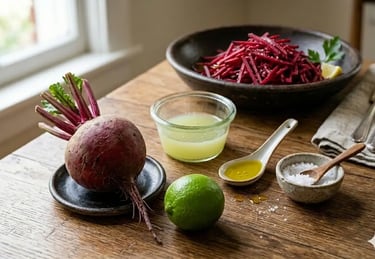 Beterraba média crua, limão espremido, azeite de oliva e sal dispostos para preparo de salada