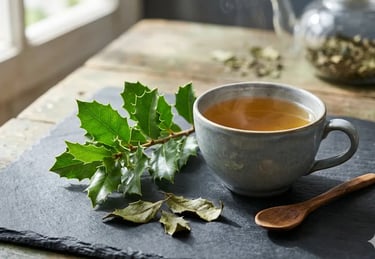 Uma xícara de chá de espinheira-santa sobre uma tábua de ardósia com folhas verdes.