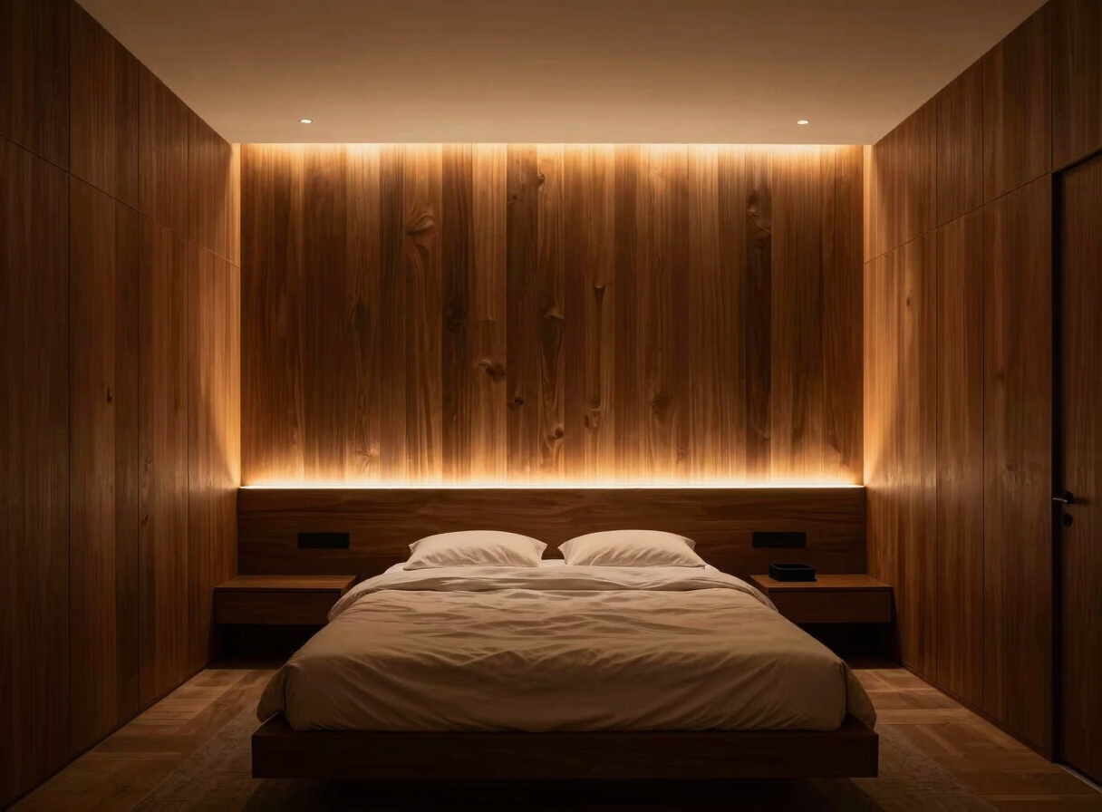 Symmetrical interior bedroom at night, warm amber cove LED lighting casting soft glow over dark wood panels, minimalist styling