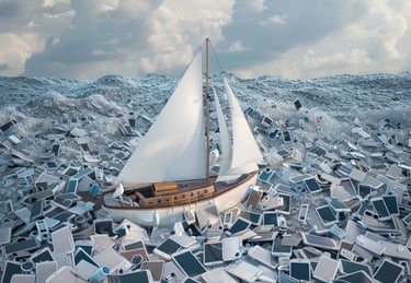 Eine Illustration eines Segelschiffs, das über ein Meer aus Smartphones und Tablets segelt