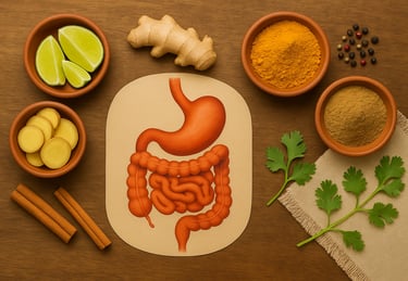 "Especias ayurvédicas como cúrcuma, jengibre, canela y cilantro sobre fondo de madera, utilizadas en el tratamiento natural d