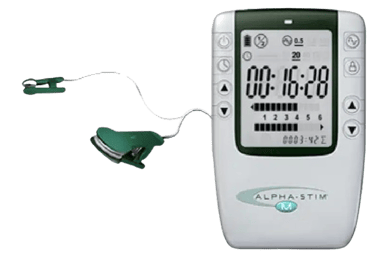Close up image of an Alpha-Stim® M with earclips.