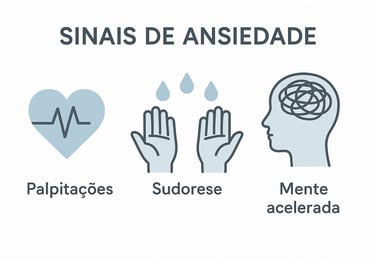Infografia com ícones de sinais de ansiedade, como palpitações e mente