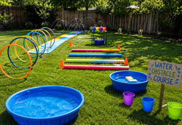 A water obstacle course set up in the backyard.