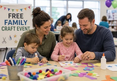 Family creating crafts together at a free family program designed for children and parents.