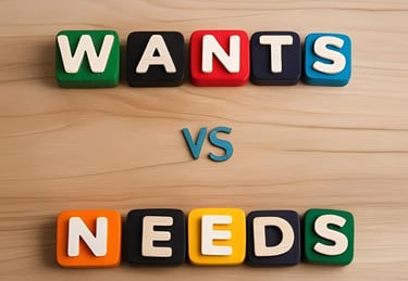 Art deco image of the words wants vs. needs