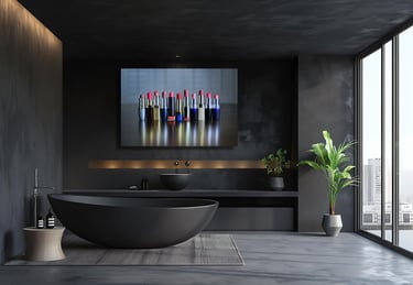 a bathroom with a large painting of lipsticks on the wall