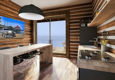 a kitchen with a wooden table and chairs