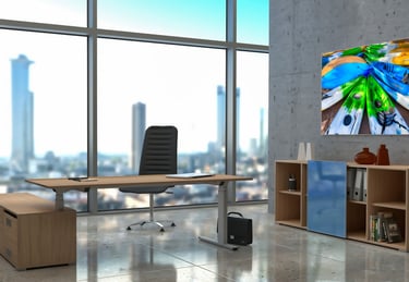 a modern office desk with a large window and a view of a city