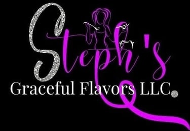 Steph's Graceful Flavors LLC logo with purple script and a chef silhouette on a black background.