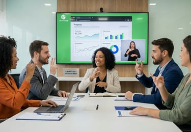 Equipe corporativa sorridente em reunião sinalizando em Libras, com tela ao fundo exibindo gráficos