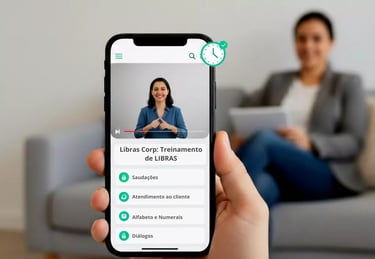 Celular mostrando curso de libras com um relógio por que pode ser acessado qualquer hora