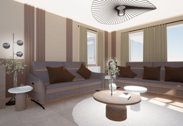 Une image du projet de living avec des canapés, une table et une ambiance chaleureuse