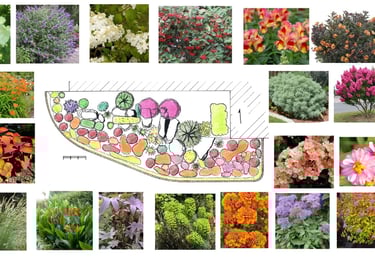 Gamme vetale de fleurs et arbustes pour un massif fleuri devant un immeuble