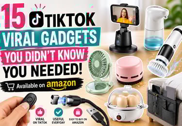 Collection of 15 viral TikTok gadgets on Amazon including an egg cooker, mini fan, and automatic soap dispenser.