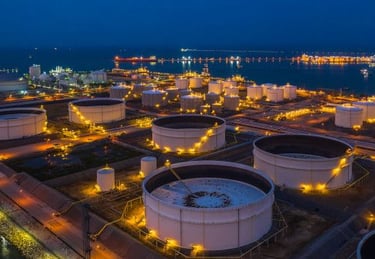 a large tank of oil tanks with lights on