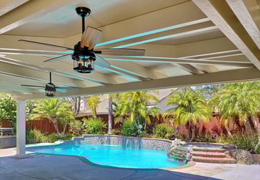 One of a kind insulated Alumawood shade structure poolside in Temecula, California.