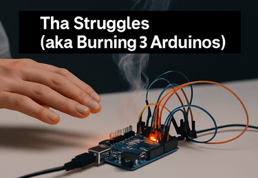 Close-up of an Arduino board with wires, glowing red light, and smoke rising as it burns out.
