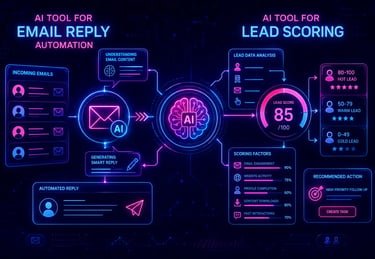 Infographic showing AI tools for email reply automation and lead scoring with data analytics.