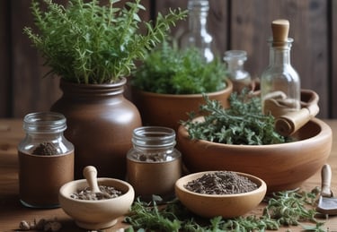 Close-up of fresh herbs and organic ingredients arranged on a wooden table ready for soap making