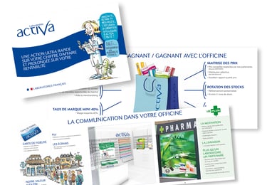 Plaquette commerciale pour la société ACTIVA. Aide de vente. Conception et réalisation