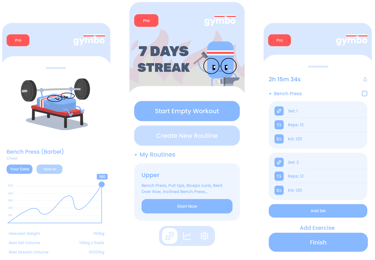 Gymbo workout tracker app interface with AI coach streak progress and comprehensive gym log.