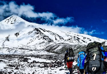 a group of people walking up a snowy mountain