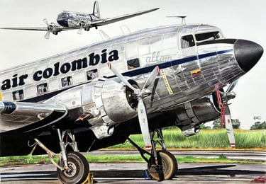 Dessin réaliste du DC-3 Air Colombia, avion ancien emblématique