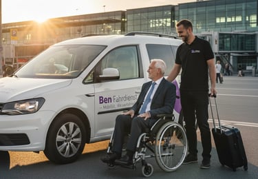 Barrierefreier Flughafentransfer Berlin BER: Rollstuhlfahrzeug am Terminal-Eingang