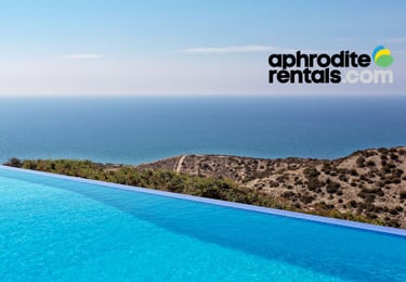 Aphoriterentals.com logo with pool and sea view
