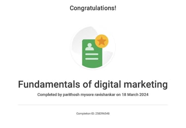 Parithosh Mysore Ravishankar's google fundamentals of digital marketing certificate