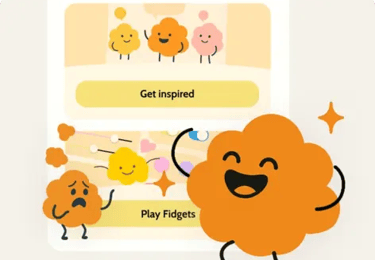 Orange cloud characters demonstrating the VapeFree fidget tool to break vaping habits.