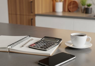 Calculator, notebook, coffee cup, and smartphone on a counter representing real estate calculations