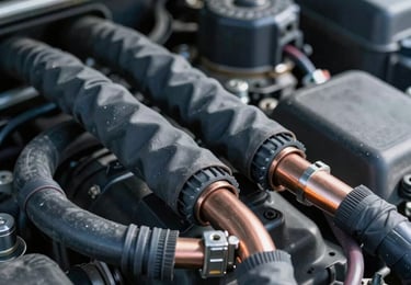 Tight macro shot of a clean dual-battery wiring loom in a 4WD engine bay, featuring heavy-duty cabling and neat heat-shrink connections under crisp cool daylight.
