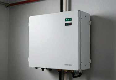 Residential battery storage unit wall-mounted in a utility room, rectangular white enclosure with status LED indicators, technical conduit connections visible, studio strobe side-lighting showing panel seams and labeling